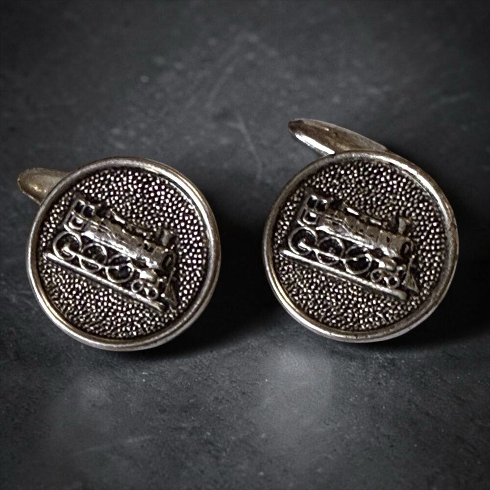 Vintage Cufflinks Mens Silver Tone Steam Locomotive Embossed Chain Link Bar Back